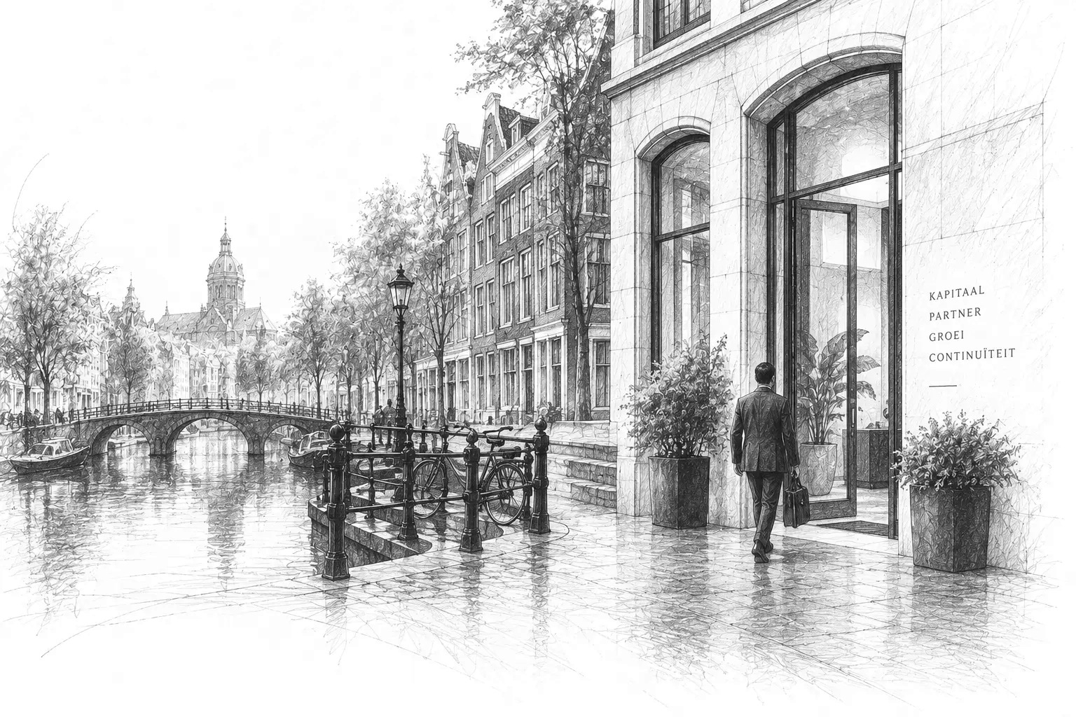 Graphite drawing of an entrepreneur in a business setting in Amsterdam