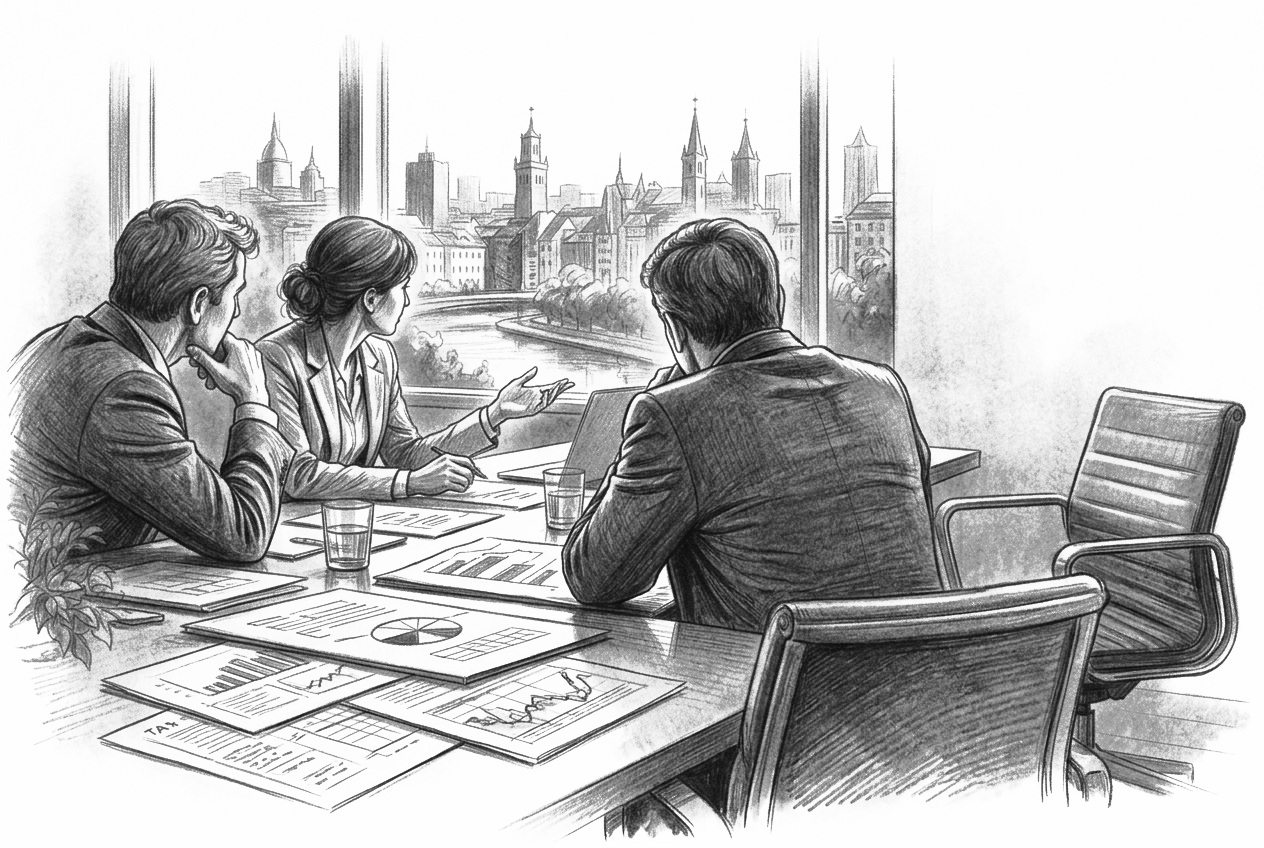 Graphite drawing of advisers discussing scale-up capital and incoming management